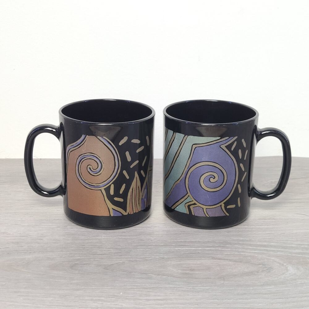 Arcoroc France Tampico Mugs Black Glass Multicolor Art Deco‎ Design Set Of 2